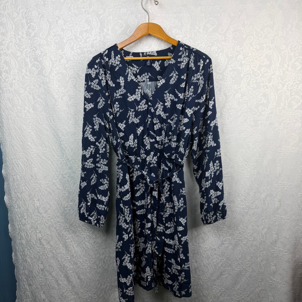GAP Women's XXL Navy Blue White Floral Wrap Dress Long Sleeve Tie Waist Boho